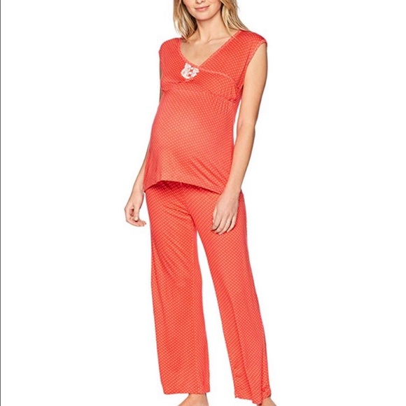 Lamaze Maternity & Nursing Pajama Set Pants Polka Dot Lace Coral Size Small - Picture 1 of 5